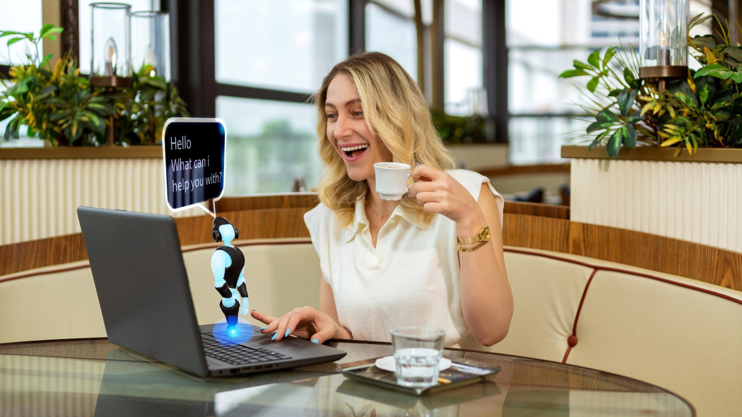 Lady having coffee and using AI as a business tool